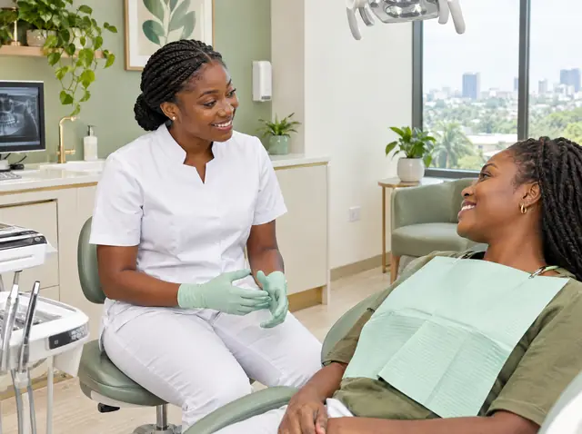 A dentist chatting with a smiling patient in a bright clinic