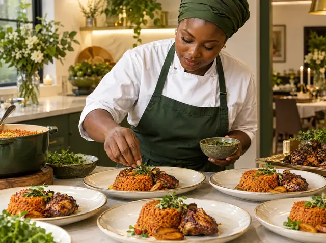A chef plating jollof rice and chicken for a private dinner